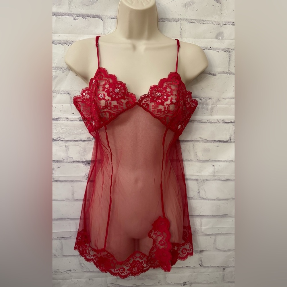Victoria’s Secret Small Red Bling Neglige Chiffon‎ Lace Sexy Boudoir Roleplay